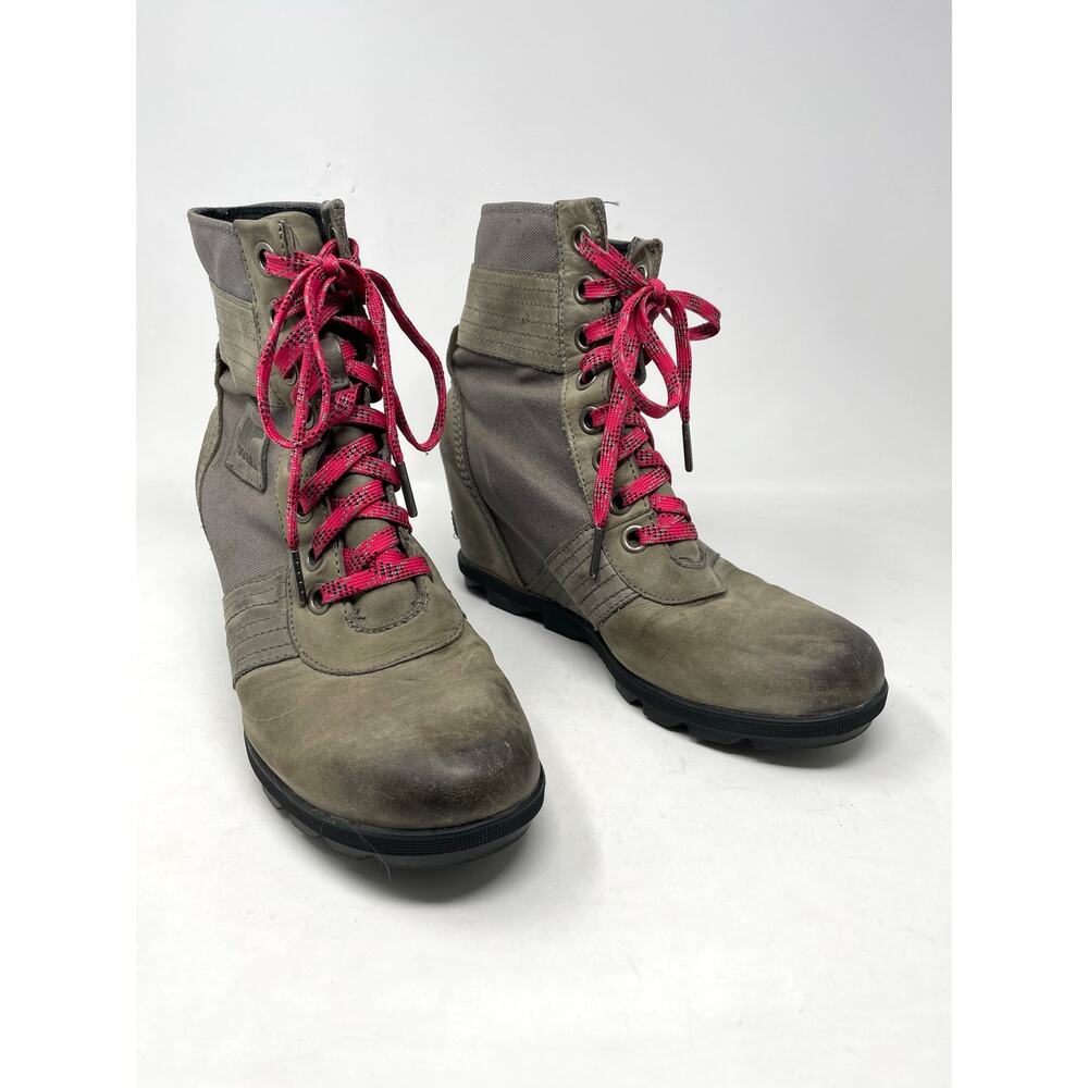 Sorel Lexie Leather Canvas Wedge Ankle Booties Boots Quarry Distressed 9.5